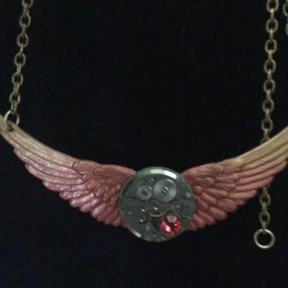 Red and Gold-toned Steampunk Wings Necklace - Picture 2 of 4